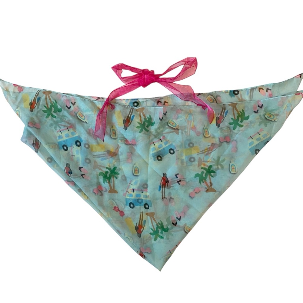 Unique Vintage Blue Pink Retro Barbie Graphic Print Tulle Hair Scarf